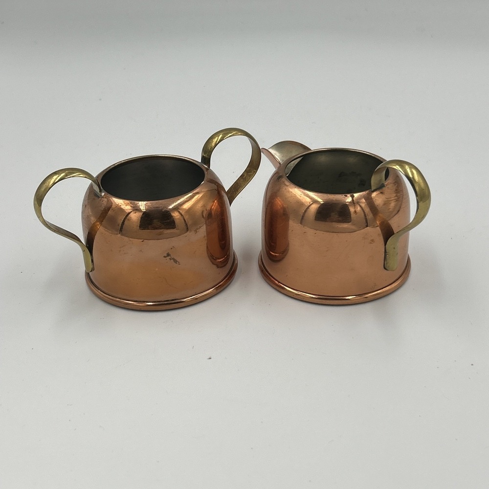 Copper Creamer Sugar Set Brass Metal Handle Rustic Farmhouse Patina